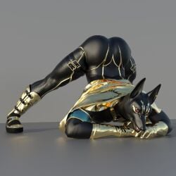 3d 3d_(artwork) anthro anubis ass_up black_body bubble_ass bubble_butt cape ears_up egyptian_mythology facial_markings furry gold golden_eyes hi_res highres jack-o_pose looking_at_viewer male markings no_tail number_014 simple_background skin_tight solo superhero_costume tight_clothes tight_clothing tight_fit tight_suit