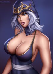 1girls abstract_background artist_signature ashe_(league_of_legends) blue_eyes breasts cleavage deviantart_username female female_only flowerxl front_view halloween hi_res huge_breasts league_of_legends league_of_legends:_wild_rift light-skinned_female light_skin looking_at_viewer platinum_hair portrait purple_background purple_dress purple_hat riot_games short_hair solo solo_female thick upper_body video_game_character watermark witch_costume witch_hat