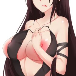 bare_shoulders black_dress black_hair blood blood_from_mouth breast_focus breasts center_opening dress fate/grand_order fate_(series) female head_out_of_frame large_areolae large_breasts long_hair nail_polish nipple_slip nipples pink_lips revealing_clothes solo strap_slip strapless strapless_dress toki_to_shishin upper_body very_long_hair white_background yu_mei-ren_(fate)