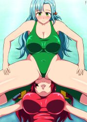 2girls blue_hair braid breasts catfight chloe_(fire_emblem) facesitting facial_tattoo female female_only fire_emblem fire_emblem_engage green_hair hair_ornament happy highandlow large_breasts lesbian long_hair multiple_girls nintendo on_back pussy_hungry red_hair smile star_(symbol) tattoo tongue tongue_out wrestling yunaka_(fire_emblem) yuri