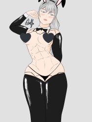 1girls abs absurd_res absurdres alternate_hairstyle android android_girl blue_eyes blush breasts bunny_ears bunnysuit female grey_hair hips huge_ass muscles muscular muscular_female nier nier:_automata nier_(series) reverse_bunnysuit silver_hair simple_background simple_shading thighhighs thighs wide_hips yorha_a2