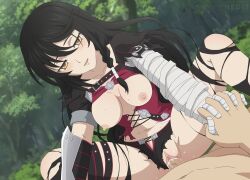 1boy 1girls bandages bikini bikini_bottom bikini_top black_hair blush breasts brown_eyes cum cum_in_pussy cum_inside handholding hedit holding_hands nipples panties_aside pussy sex sweat tales_of_(series) tales_of_berseria thighhighs thighs uncensored vaginal_penetration velvet_crowe