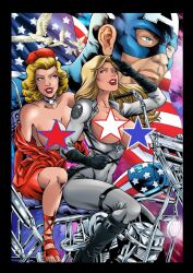 1boy 2girls american_flag aunt_and_niece big_breasts blonde_hair breasts captain_america captain_america_(series) censored duo faro's_lounge female heroine human human_only male marvel marvel_comics motorcycle multiple_girls peggy_carter sharon_carter steve_rogers straight_hair wide_hips