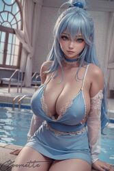 ai_generated alternate_body_type alternate_breast_size aqua_(konosuba) blue_hair breasts breasts_bigger_than_head cleavage coomette curvaceous curvy_body curvy_figure deep_cleavage dress female female_only hartman_hips highres huge_breasts kono_subarashii_sekai_ni_shukufuku_wo! light_blue_hair lingerie mommy nipple_bulge solo stable_diffusion voluptuous_female