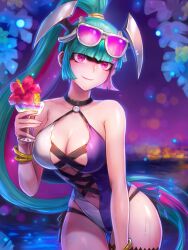 blunt_bangs female female_focus female_only high_ponytail huge_breasts lilin_(battle_cats) multicolored_hair one-piece_swimsuit pink_eyes pink_hair ponytail smile swimsuit teal_hair the_battle_cats two_tone_hair wide_hips