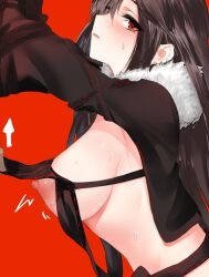 areola_slip arms_up arrow_(symbol) black_hair blush breasts clothes_lift ear_piercing fate/grand_order fate_(series) female from_side fur_trim hair_between_eyes highres large_breasts leaning_forward lifted_by_another long_hair long_sleeves looking_at_viewer looking_to_the_side motion_lines nipple_slip nipples nose_blush parted_lips pd pd_(pdpdlv1) piercing profile red_background red_eyes revealing_clothes ribbon_trim shrug_(clothing) sideways_glance simple_background solo_focus sweat upper_body yu_mei-ren_(fate)
