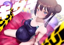 1girls bare_shoulders black_hair blue_archive blue_eyes blue_swimsuit blush chest collarbone competition_swimsuit dearonnus dutch_angle embarrassed eyelashes female female_only hair_buns heart-shaped_pupils highres kisaki_(blue_archive) kneeling legs light-skinned_female long_hair looking_at_viewer medium_breasts nervous on_person one-piece_swimsuit pregnancy pregnant pregnant_belly pregnant_female shanhaijing_secondary_school_student side_armpit sitting solo spread_legs swimsuit tight_clothing wet_skin wet_swimsuit