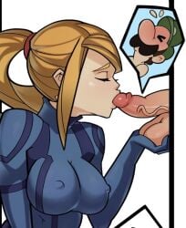 1boy 1girls bangs big_breasts bimbo blonde_hair blush breasts caressing_testicles closed_eyes comic erect_nipples erection fellatio holding_penis kissing kissing_penis luigi mario_(series) metroid oral penis pleasure_face plumber ponytail samus_aran simple_background smooth_balls splashbrush sucking veiny_penis zero_suit zero_suit_samus