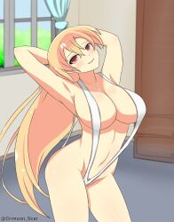 arms_behind_head blonde_hair breasts female ketsueki_shu large_breasts long_hair looking_at_viewer marvelous red_eyes senran_kagura senran_kagura_(series) senran_kagura_new_link senran_kagura_new_wave senran_kagura_peach_beach_splash sideboob sling_bikini slingshot_swimsuit smile souji_(senran_kagura)