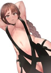 angry armpits arms_behind_head arms_up bad_id bad_twitter_id bare_shoulders black_collar black_dress black_gloves blush braid breasts breasts_apart brown_eyes brown_hair center_opening choker closed_mouth collar collarbone dress dutch_angle ear_piercing elbow_gloves fate/grand_order fate_(series) female gloves highres hip_focus long_hair looking_at_viewer medium_breasts narrow_waist navel piercing revealing_clothes sikijou77o simple_background solo solo_focus strapless strapless_dress very_long_hair wavy_mouth white_background yu_mei-ren_(fate)