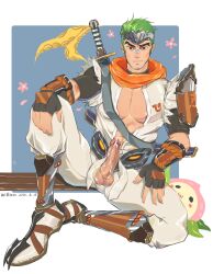 1boy artist_request black_eyes cum erect_penis erection gay genji green_hair half-dressed male_only overwatch penis_out sitting yaoi young_genji