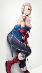 1girls big_breasts blonde_hair blue_eyes cammy_white cleavage dismaiden female female_only fully_clothed scar solo street_fighter street_fighter_6 tattoo zangief