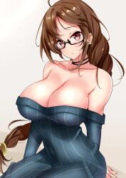 arm_behind_back bare_shoulders black-framed_eyewear blush braid breasts brown_eyes brown_hair choker cleavage collarbone dress ear_piercing earrings fate/grand_order fate_(series) female glasses grey_dress highres jewelry large_breasts long_braid long_hair long_sleeves looking_at_viewer low-tied_long_hair piercing ribbed_dress sankakusui sankakusui_(deltawhite) simple_background single_braid sitting solo white_background yu_mei-ren_(fate)