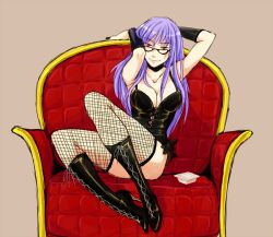 alternate_costume arms_up boots bustier choker cleavage female female_only fishnet_thighhighs fishnets full_body gintama glasses high_heel_boots high_heels long_hair looking_at_viewer medium_breasts nattou purple_hair red_eyes sarutobi_ayame sitting smile sofa solo thighhighs wristwear yamada/yamada