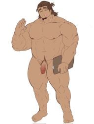 1boy =_= abs bara brown_hair completely_nude dark-skinned_male dark_skin facial_hair flaccid full_body goatee hand_up happy_aura highres holding holding_notebook large_pectorals leg_hair leobongnana male_focus male_pubic_hair mature_male medium_hair muscular muscular_male navel navel_hair nipples notebook nude original pectorals penis plump ponytail pubic_hair sideburns solo standing stomach thick_eyebrows thick_thighs thighs uncensored waving