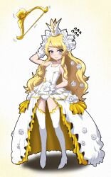 alternate_costume aphrodite_(the_battle_cats) bare_shoulders blonde_hair blush bow crinoline crown dress flower_in_hair flowers gloves grey_eyes long_hair looking_at_viewer panties pigeon-toed pigeon_toed small_breasts split_dress stuffed_animal the_battle_cats thighhighs very_long_hair white_background white_clothes white_clothing white_dress white_gloves white_panties