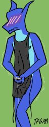 absurd_res apron apron_only blue_body blue_skin blush blush_lines bodily_fluids clothing embarrassed erection feat genital_fluids hi_res kobold leaking_precum male mostly_nude precum precum_string scalie solo solo_focus solo_male tfg784 unwanted_erection