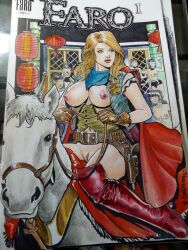 1girls animal big_breasts blonde_hair breasts cape comet_(dc) comet_the_superhorse cowgirl curvy dc emil_cabaltierra faro's_lounge female female_focus female_only horse kara_zor-el kryptonian light-skinned_female nipples pussy solo_female straight_hair supergirl superheroine superman_(series) traditional_media_(artwork) wide_hips