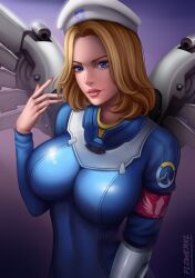 1girls abstract_background angela_ziegler artist_logo blizzard_entertainment blonde_hair blue_eyes breasts brown_lips brown_lipstick brown_nails clothing combat_medic_ziegler detailed_background deviantart_username female female_only flowerxl huge_breasts looking_at_viewer medical membranous_wings mercy nurse_cap overwatch overwatch_2 pale-skinned_female pale_skin short_hair simple_background solo swiss video_game_character