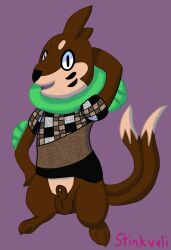 animal_genitalia anthro balls brown_body brown_fur clothed clothing fur genitals hi_res looking_at_viewer male multi_tail nintendo partially_clothed penis penis_tip pokemon pokemon_(species) sheath solo stinkvali sweater tail topwear