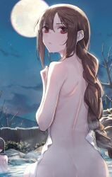 2girls ass back bathing black_hair blush braid braided_ponytail breasts brown_eyes brown_hair earrings fate/grand_order fate_(series) full_moon highres jewelry long_hair looking_back medium_breasts moon multiple_earrings multiple_girls naked_towel night night_sky onsen short_hair single_braid sitting sky solo_focus tesin_(7aehyun) towel very_long_hair water wet xu_fu_(fate) yu_mei-ren_(fate)