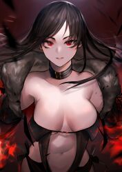 absurdres bare_shoulders black_dress breasts brown_hair center_opening choker cleavage collarbone commentary_request dress fate/grand_order fate_(series) female fur_trim highres jewelry large_breasts long_hair looking_at_viewer navel neonbeat parted_lips red_eyes solo stomach strapless strapless_dress yu_mei-ren_(fate)