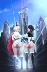 2girls ass ass_focus ass_grab atlee big_ass big_butt black_hair blonde_hair boots bubble_butt cape curvy curvy_female curvy_figure dat_ass dc dc_comics duo fat_ass female female_only gloves johntazukura karen_starr kryptonian light-skinned_female pawg power_girl short_hair solo_female straight_hair superheroine superman_(series) wide_hips yuri