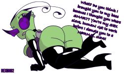 alien alien_humanoid ass bent_over big_breasts breasts clothing dialogue english_text female footwear gloves green_body handwear hi_res high_heels humanoid invader_zim irken latex latex_gloves latex_stockings looking_at_viewer looking_back nickelodeon purple_eyes rear_view rexon02 solo tak_(invader_zim) talking_to_viewer text thick_thighs white_background