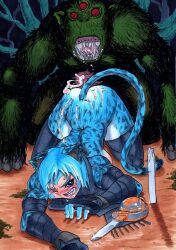 ambiguous_penetration blue_fur broken_weapon cum_on_lower_body defeated feline female minamimori monster monster_rape one_eye_closed rape the_elder_scrolls troll