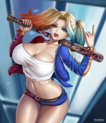 1girls artist_logo artist_signature baseball_bat batman_(series) blonde_hair blue_nails breasts clevage curvy curvy_female dc detailed_background deviantart_username female_focus fingernails fishnet_pantyhose flowerxl hand_on_weapon harley_quinn horns_pose hot_pants hotpants hourglass huge_breasts jacket makeup nail_polish pale-skinned_female ponytail purple_pants red_and_blue red_nails suicide_squad tongue_out weapon white_topwear