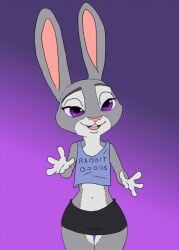 2023 4_fingers animated anthro big_breasts bottomwear breasts clothing digital_drawing_(artwork) digital_media_(artwork) disney ears_up female fingers fur judy_hopps lagomorph large_breasts leporid long_ears looking_at_viewer mammal multicolored_body multicolored_fur nipples nude open_mouth pink_nose purple_eyes rabbit shirt short_playtime skirt solo t-shirt text topwear two_tone_body two_tone_fur vylfgor zootopia