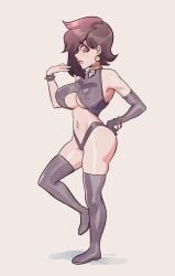 2d 2d_(artwork) artist_name belly_button_piercing belly_piercing big_breasts bimbo bimbo_lips breasts brellom brown_eyes brown_hair choker earring female female_focus female_only goth goth_girl human human_only humanoid light-skinned_female light_skin long_boots long_gloves pale-skinned_female pale_skin simple_background skull_choker skull_necklace smug solo solo_female solo_focus spiked_bracelet thong watermark white_background wolf_romure