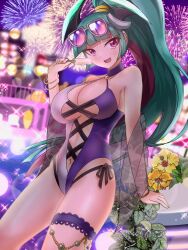 1girls detailed_background female female_focus female_only large_breasts lilin_(battle_cats) looking_at_viewer multicolored_hair navel one-piece_swimsuit pink_hair sunglasses_on_head swimsuit teal_hair the_battle_cats thick_thighs two_tone_hair