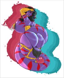 anthro big_breasts breasts choker clothing genitals gynomorph herm hi_res hyper hyper_genitalia intersex janet_grimsnake jewelry latex_clothing necklace non-mammal_breasts purple_body red_stripes reptile rohan_scribe scalie snake solo stripes