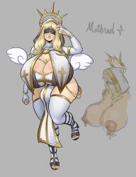 1futa angel angel_wings areolae black_blindfold blonde_hair breasts bulge cleavage clothed clothing cross discoverychannelofficial flaccid fully_clothed futa_only futanari gigantic_breasts gold_(metal) gold_jewelry halo hoodie huge_breasts huge_bulge humanoid light-skinned_female light-skinned_futanari light_skin long_hair nipple_piercing nipples pelvic_curtain religious_clothing solo topless