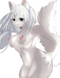 anthro big_breasts breasts countershading erect_nipples female female/female feral fur hair hi_res humanoid hybrid nipples pink_nipples red_eyes ryogo simple_background simple_eyes solo white_background white_body white_fur white_hair