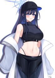 1girls 82jhin angry belly belly_button belly_focus big_breasts blue_archive blue_eyes blue_hair blush breasts cap clothed clothed_female clothing curvy curvy_female curvy_figure female female_only halo hat highres innie_belly_button innie_navel light-skinned_female light_skin looking_at_viewer midriff navel navel_focus saori_(blue_archive) shy solo white_background