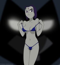 1girls anaxus blue_bra blue_panties blue_thong blue_underwear bra breasts dc dc_comics eyebrow_raise legs_together medium_breasts nipples nipples_visible_through_bra panties rachel_roth raven_(dc) solo solo_female standing teen_titans thong underwear undressing