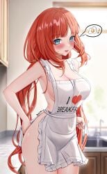 armpits blue_eyes blush breakfast breasts dokimaru female_only genshin_impact kitchen naked_apron nilou_(genshin_impact) red_hair wife