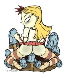 blonde_hair blush dont_starve_together female improvised_sex_toy light-skinned_female mushroom mushroom_insertion no_panties red_skirt skirt tagme wendy_(don't_starve)