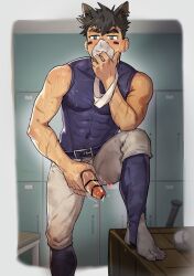 boner erect_penis erection hard_on jerking jerking_off jerkingoff locker_room male male_only masturbation muscles muscular muscular_male penis_out precum precum_drip smelling_jockstrap sniffing_jockstrap xiaobaitiang