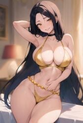 1girls abs ai_generated bikini black_hair breasts female fit_female gold_bikini hourglass_figure huge_breasts large_breasts long_hair looking_at_viewer navel original original_character seductive_look stable_diffusion stuffyai thick_thighs thighs very_long_hair voluptuous voluptuous_female