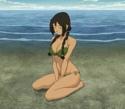 anaxus avatar_the_last_airbender beach big_breasts breasts female_only jin_(avatar) kneeling looking_down solo swimsuit swimwear thong thong_bikini