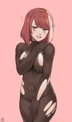 1girls bodystocking breasts covered_nipples embarrassed fire_emblem fire_emblem_engage full_bodystocking lapis_(fire_emblem) medium_breasts nintendo pink_eyes pink_hair ripped_clothing short_hair simple_background solo wardrobe_malfunction xyrenity