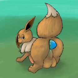 1boy ass balls big_butt bodily_fluids eevee egg egg_from_ass egg_in_ass egg_laying feral generation_1_pokemon genitals hi_res male male_only nintendo pokémon_(species) pokemon pokemon_(species) pregnant pregnant_male simple_background solo teardrop tears vulnec