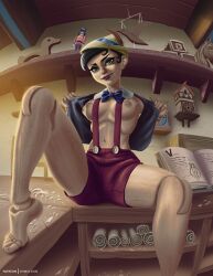 1girls aged_up dhmoldon disney fanart feet flashing_breasts marionette nipples pinocchio pinocchio_(character) puppet rule_63 wooden workshop