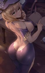 1girls ass breasts brown_hair female genshin_impact hat huge_ass large_breasts large_hat light-skinned_female light_skin lisa_(genshin_impact) long_hair naughty_face queasy_s smile thick_thighs wide_hips witch_hat