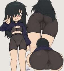 1girls anus_visible_through_clothes ass ass_focus bags_under_eyes black_hair_over_one_eye blush cameltoe cameltoe_leggings eyebags female female_only flat_chest hair_over_one_eye hatsumiilkshake kuroki_tomoko leggings long_black_hair peace_sign solo sportswear squatting transparent_clothing true_flat_chest watashi_ga_motenai_no_wa_dou_kangaetemo_omaera_ga_warui!