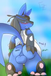 anthro ass auron_(furryshapeshifter) balls bandana bedroom_eyes blue_eyes blush clothing digestion digestion_noises fan_character generation_4_pokemon genitals gonnaeatcha grass hand_on_butt handwear hi_res implied_anal_vore kerchief kneeling looking_back lucario male narrowed_eyes nintendo plant pokemon pokemon_(species) seductive solo_focus vore