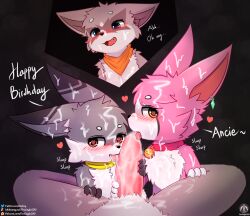 <3_eyes absurd_res anthro bat bell birthday birthday_gift blush bodily_fluids claws collar cum cum_on_body cum_on_face dust:_an_elysian_tail ear_piercing ear_ring fangs fellatio genital_fluids genitals group heart hi_res iradeon licking lune_(lunesnowtail) lying male male/male mammal nimbat oral penile penis penis_lick piercing procyonid raccoon ring_piercing scarf sean_(senz) senz sex teeth text tongue tongue_out trio